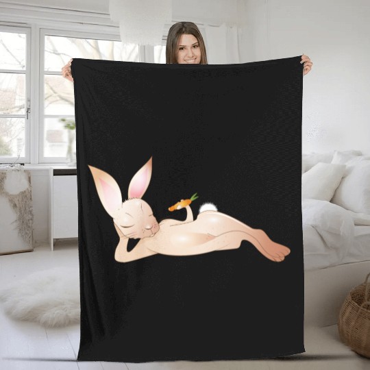 Relaxed rabbit with carrot is enjoying his life Fleece Blankets