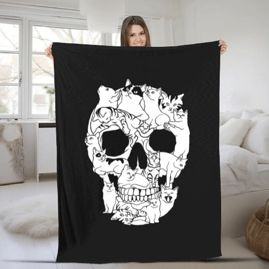 Cat Skull Kitty Skeleton Grunge Style Funny Cat Bo Fleece Blankets