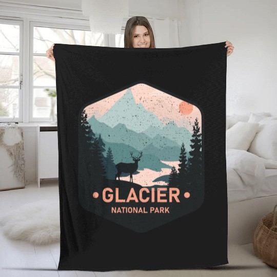 Vintage Glacier National Park Deer Mountains Gift Fleece Blankets