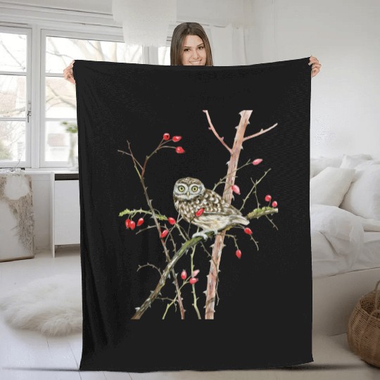 Little Owl On Rosehip - Garden Birds In Spring Fleece Blankets