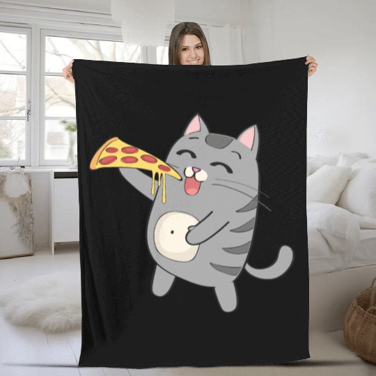 Cat Eating Pizza Funny Cat Pizza Gift Fleece Blankets