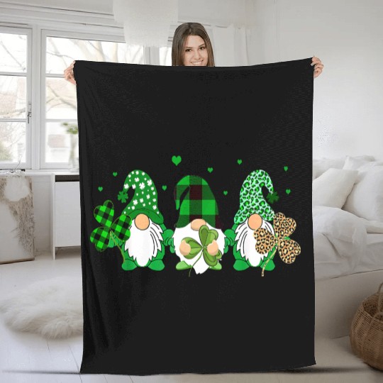 Three Gnomes Holding Shamrock Leopard Plaid Fleece Blankets