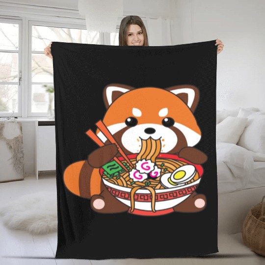 Cute Kawaii Red Panda Eating Ramen Noodles Fleece Blankets