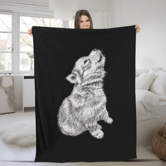 Cute Baby Howling Wolf Cub Sketch Fleece Blankets