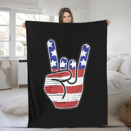 Rock n Roll USA Flag Horns Sign Retro Concert Band Fleece Blankets