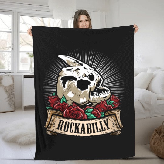 Rock n Roll Rockabilly Fish Skull Roses Fleece Blankets