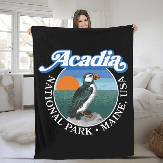 Retro Acadia National Park Vintage Maine Puffin Fleece Blankets