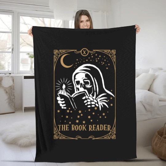 The Book Reader Tarot Card Hooded Skeleton Reading Fleece Blankets
