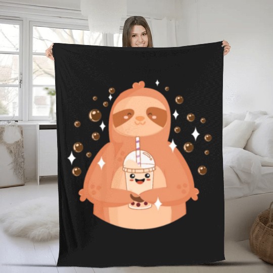 Boba Tea Kawaii Sloth Drinking Fleece Blankets