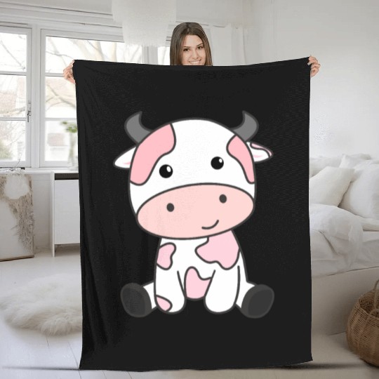Strawberry Cow Cute Pink Strawberry Cow Kawaii Fleece Blankets