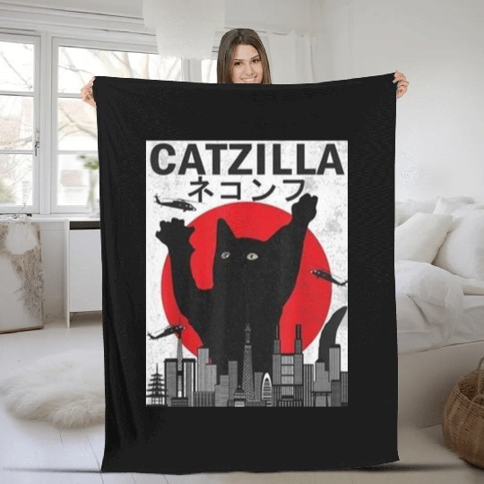 Vintage Catzilla Japanese Sunset Style Fleece Blankets
