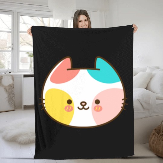 Kawaii Cat Head Multicolored Fleece Blankets