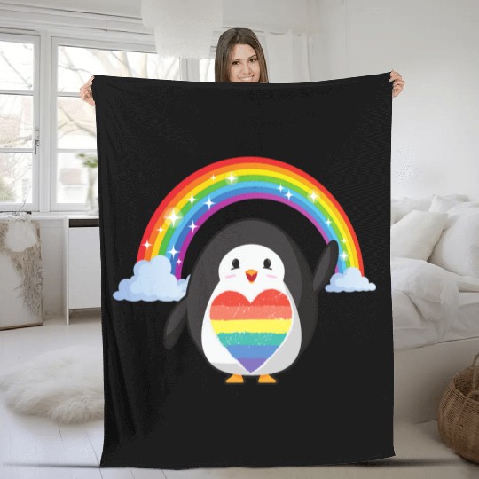 LGBT Pride Heart Penguin Shiny Rainbow Fleece Blankets