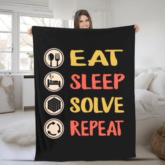 Rubiks Cube Fleece Blankets, Vintage Eat Sleep Solve Repeat