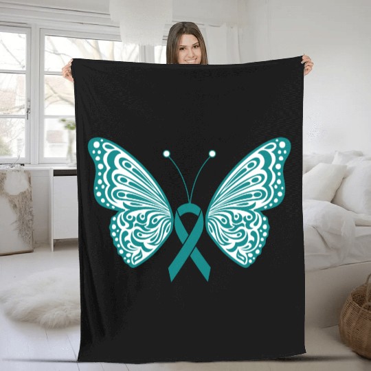 Ovarian Cancer Awareness Teal Ribbon Butterfly Fleece Blankets