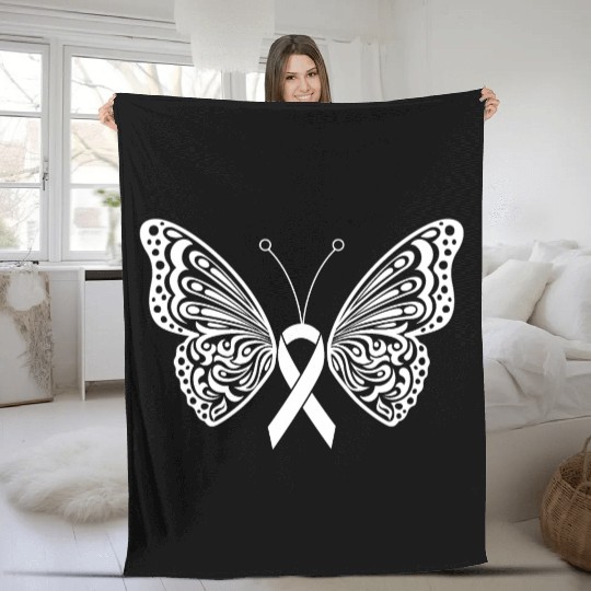 Lung Cancer Awareness White Ribbon Butterfly Fleece Blankets