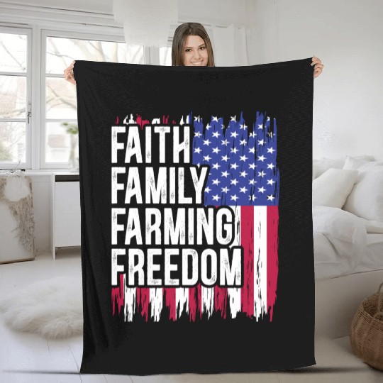 USA Flag Faith Family Farming Freedom 4th of July Fleece Blankets