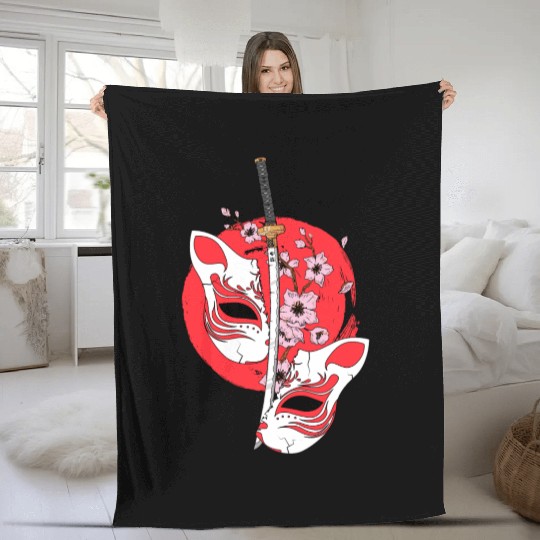Kitsune mask Japanese sword Katana Japanese Fleece Blankets