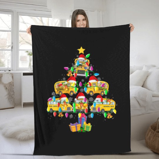 School Bus Christmas Tree Funny Santa Bus Driver Fleece Blankets