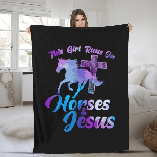 This Girl Runs On Horses Jesus Christian Horse Rid Fleece Blankets