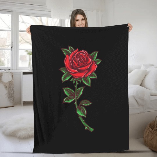 Red rose, Rose stem Fleece Blankets