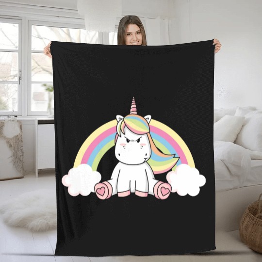 Grumpy Unicorn Evil Bad Mood Unicorn Rainbow Fleece Blankets