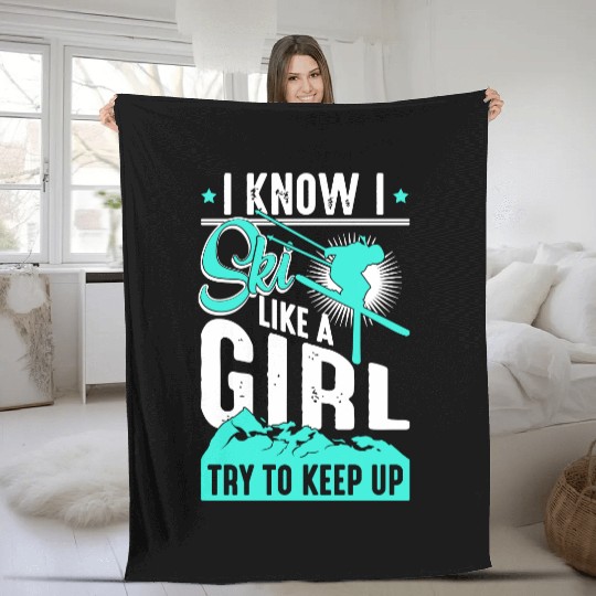 Ski like a Girl Retro Vintage Snow Skiing Winter Fleece Blankets