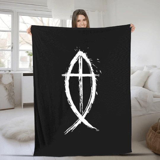 Cross and Fish - White Edition Fleece Blankets