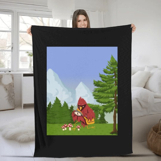 Cardinal Bird Foraging Collecting Mushrooms Fleece Blankets