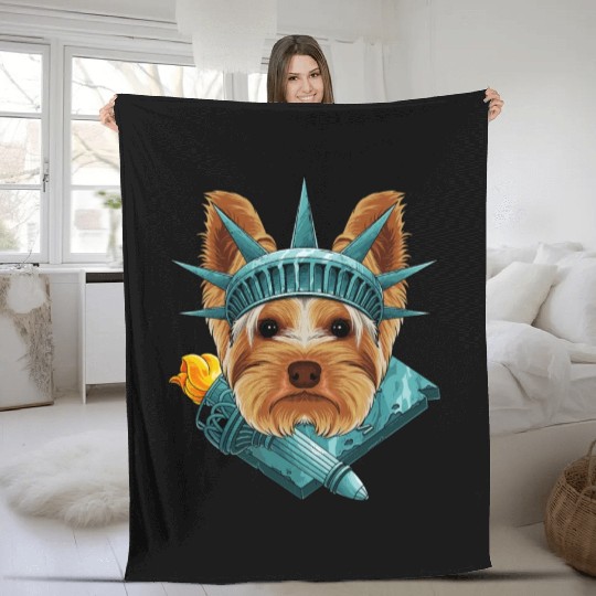 Statue Of Liberty Yorkshire Terrier 4th Of July US Fleece Blankets