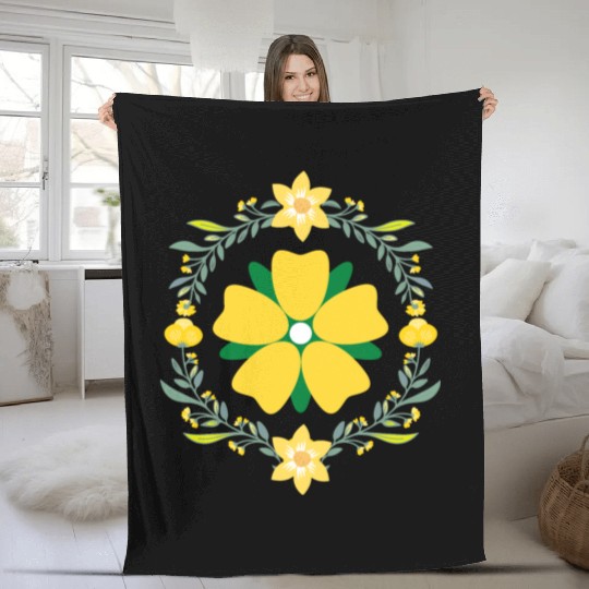 Circle of Green and Yellow Flowers Fleece Blankets