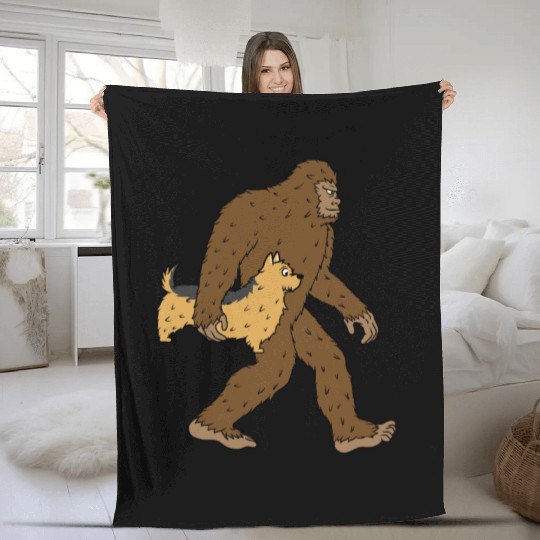 Bigfoot Sasquatch Carrying Yorkshire Terrier Fleece Blankets