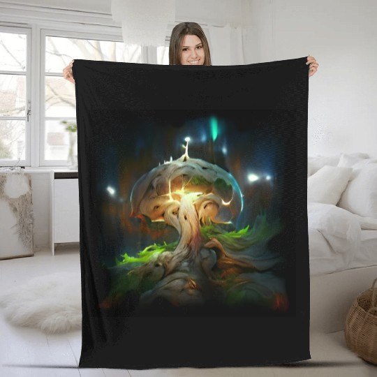 Glowing Fantasy surreal Mushroom Tree Fleece Blankets