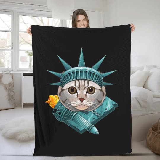 Statue Of Liberty Scottish Fold 4th Of July Cat US Fleece Blankets