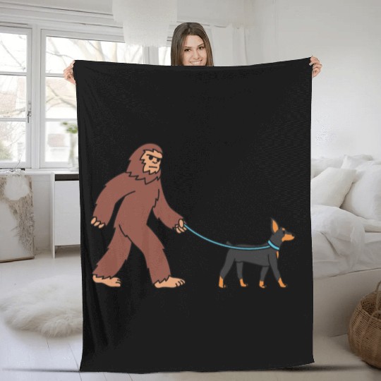 Bigfoot Sasquatch Walking Doberman Fleece Blankets