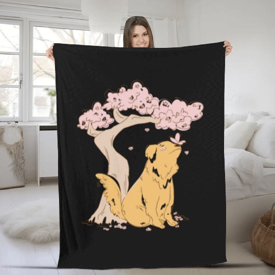 Dog With Sakura Tree Fleece Blankets