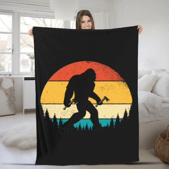 Funny Retro Vintage Style Bigfoot in Throwing Axe Fleece Blankets