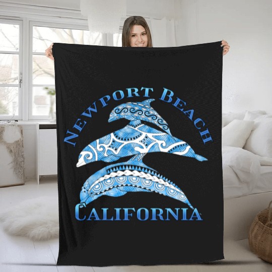 Newport Beach California Vacation Tribal Dolphins Fleece Blankets