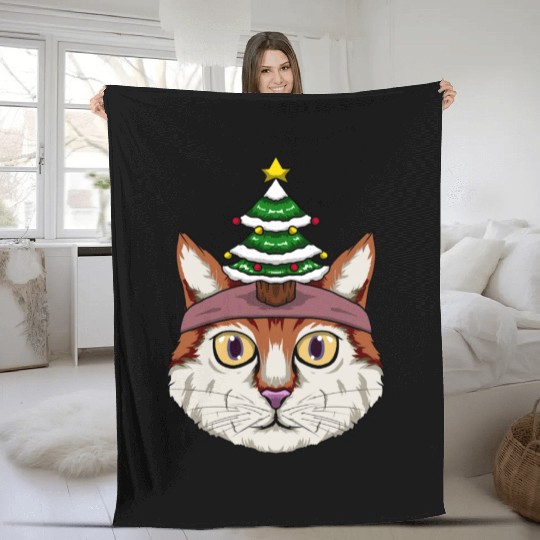 Cute Cat Wearing A Christmas Tree Hat Fleece Blankets
