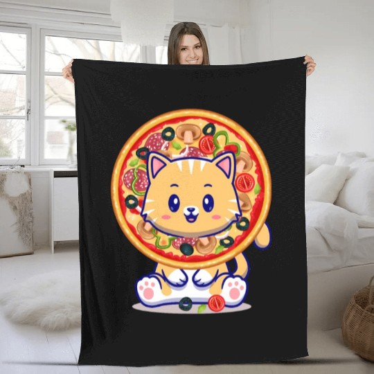 Cat Eating a Pizza Fleece Blankets
