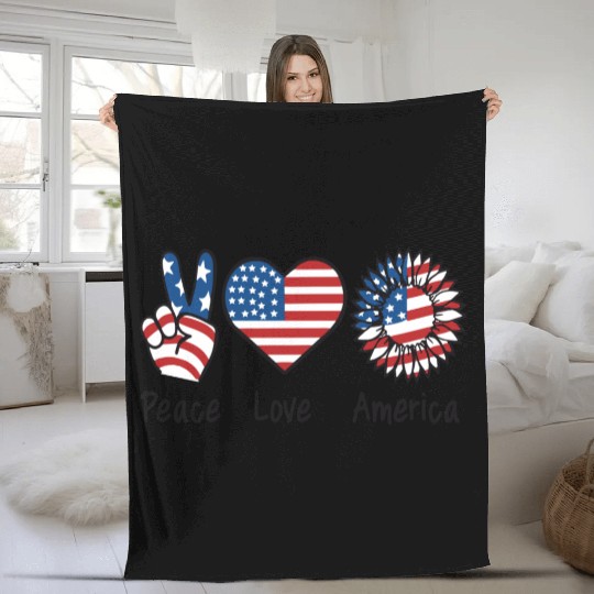 4th of July American Flag Sunflower Peace Love US Fleece Blankets