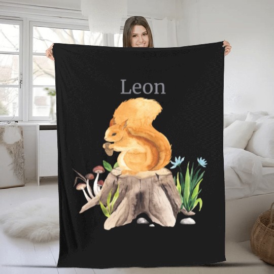 Forest Animal Squirrel Flowers Name Leon Fleece Blankets