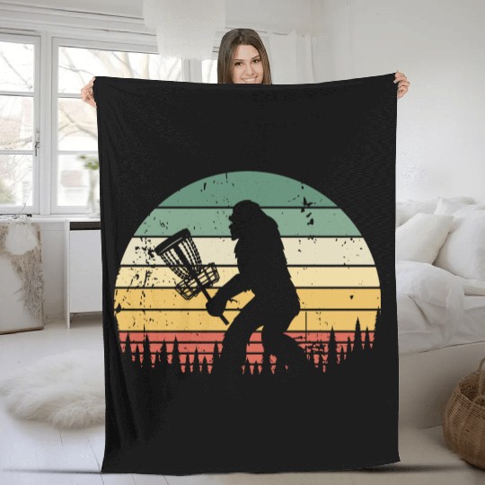 Funny Bigfoot Disc Golf Trees Vintage Sunset Fleece Blankets
