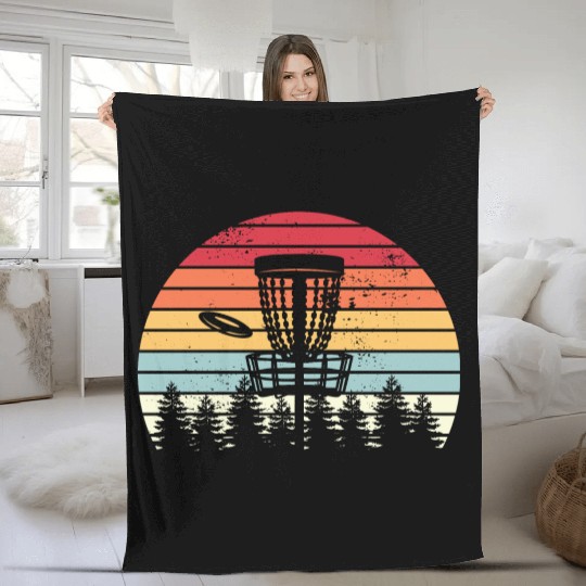 Disc Golf Retro Distressed Trees Sunset Fleece Blankets
