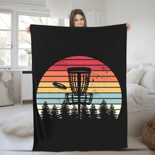 Disc Golf Retro Distressed Trees Sunset Fleece Blankets