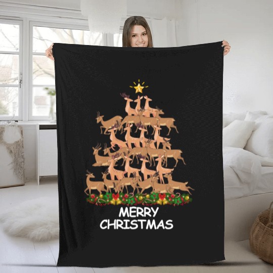 Deer Christmas Tree Merry Christmas Fleece Blankets