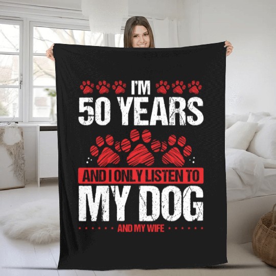 50 Year Old Birthday Dog Dad to my Dog 50 Birthday Fleece Blankets
