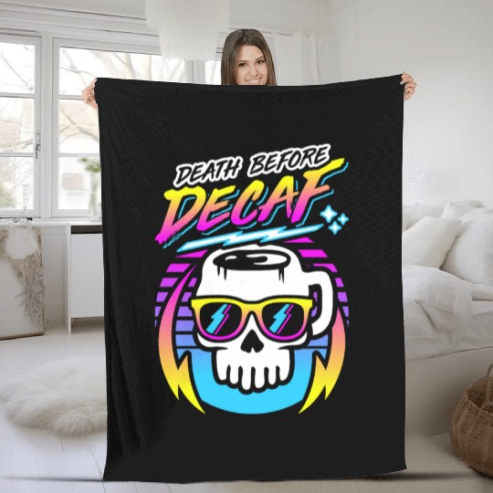 Death Before Decaf (Skull Mug) Retro Neon 80s 90s Fleece Blankets