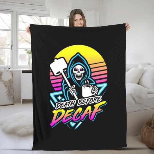 Death Before Decaf (Gym Reaper) Retro Neon Fleece Blankets