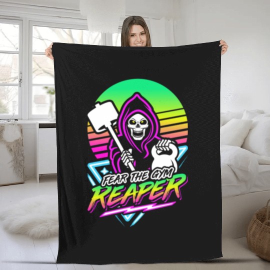 Fear The Gym Reaper Fitness Retro Neon Synthwave Fleece Blankets
